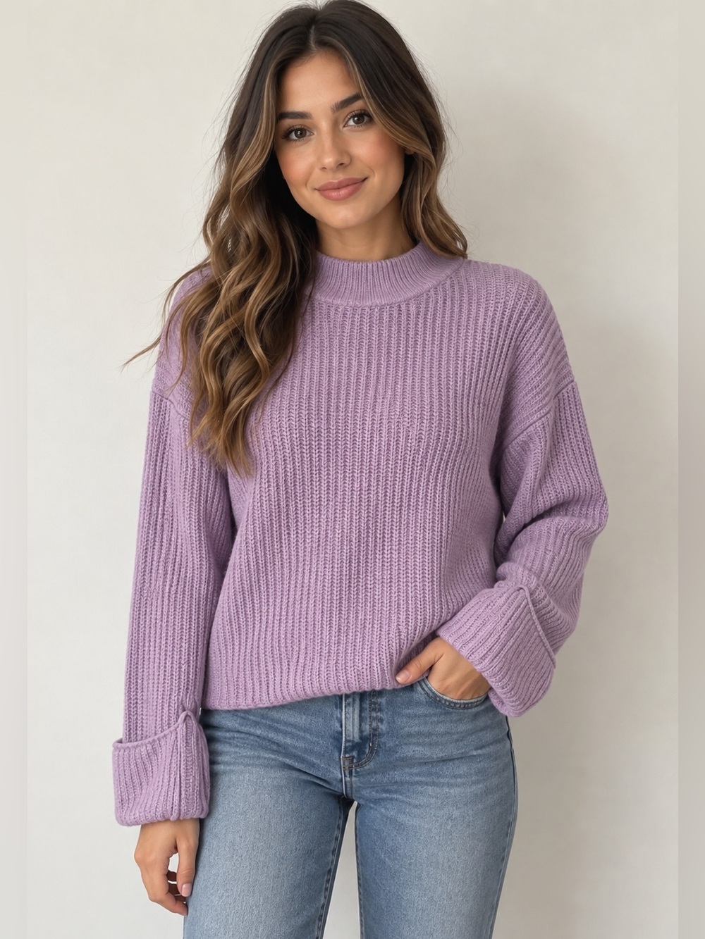 She + Sky Lilac Ribbed Turtleneck Sweater